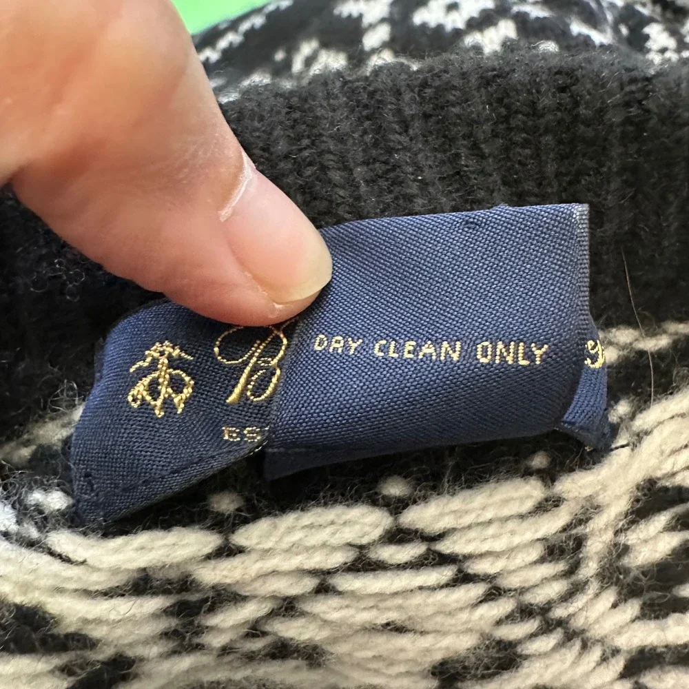 Brooks Brothers Black Crewneck Fair Isle Knit Sweater Extra fine Merino Wool XL